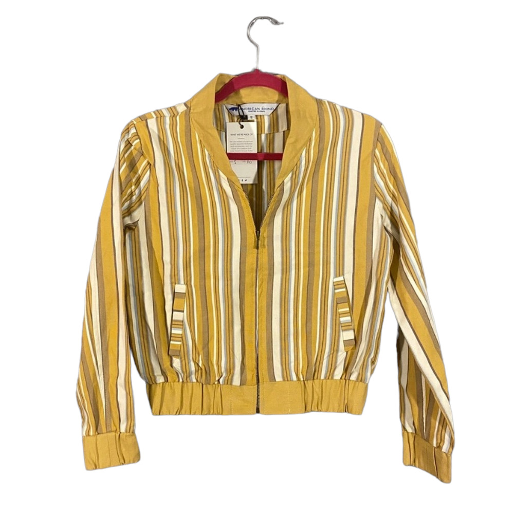 American Rhino Anthro Mustard Yellow Striped Cotton Bomber Jacket Women Sz Small